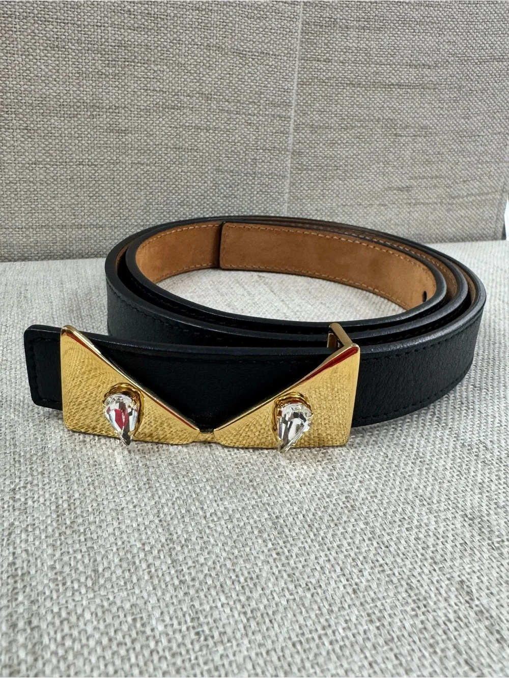 Fendi Black Monster Leather Belt with Gold Crystal Studs